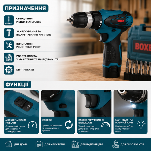 Шуруповерт акумуляторний Boxer 1350 об/хв професійний дриль 15713 фото