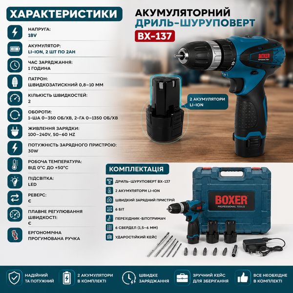 Шуруповерт акумуляторний Boxer 1350 об/хв професійний дриль 15713 фото