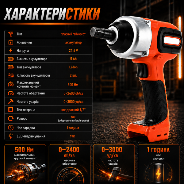 Гайковерт ударний акумуляторний X-479 1/2" потужний для авто 15757 фото