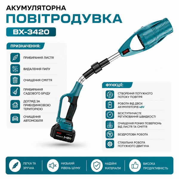 Повітродувка акумуляторна X-3420 800 Вт садовий пилосос для листя 15698 фото